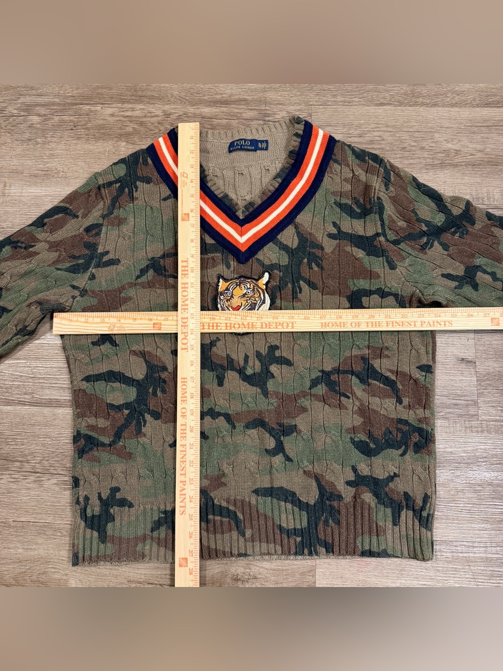 Polo Ralph Lauren Sweater XL Men's Cricket Camo Cable Knit Tiger V Neck Pullover - Picture 3 of 4